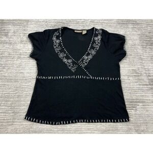 Bay Studio Khaki Top Womens Petite‎ XL Black Short Sleeve Embroidered V-Neck